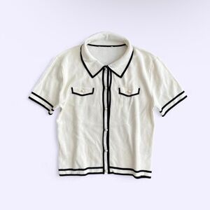 Cream Knit Black Trim Faux Pearl Button Viscose Blend Preppy Top XS S